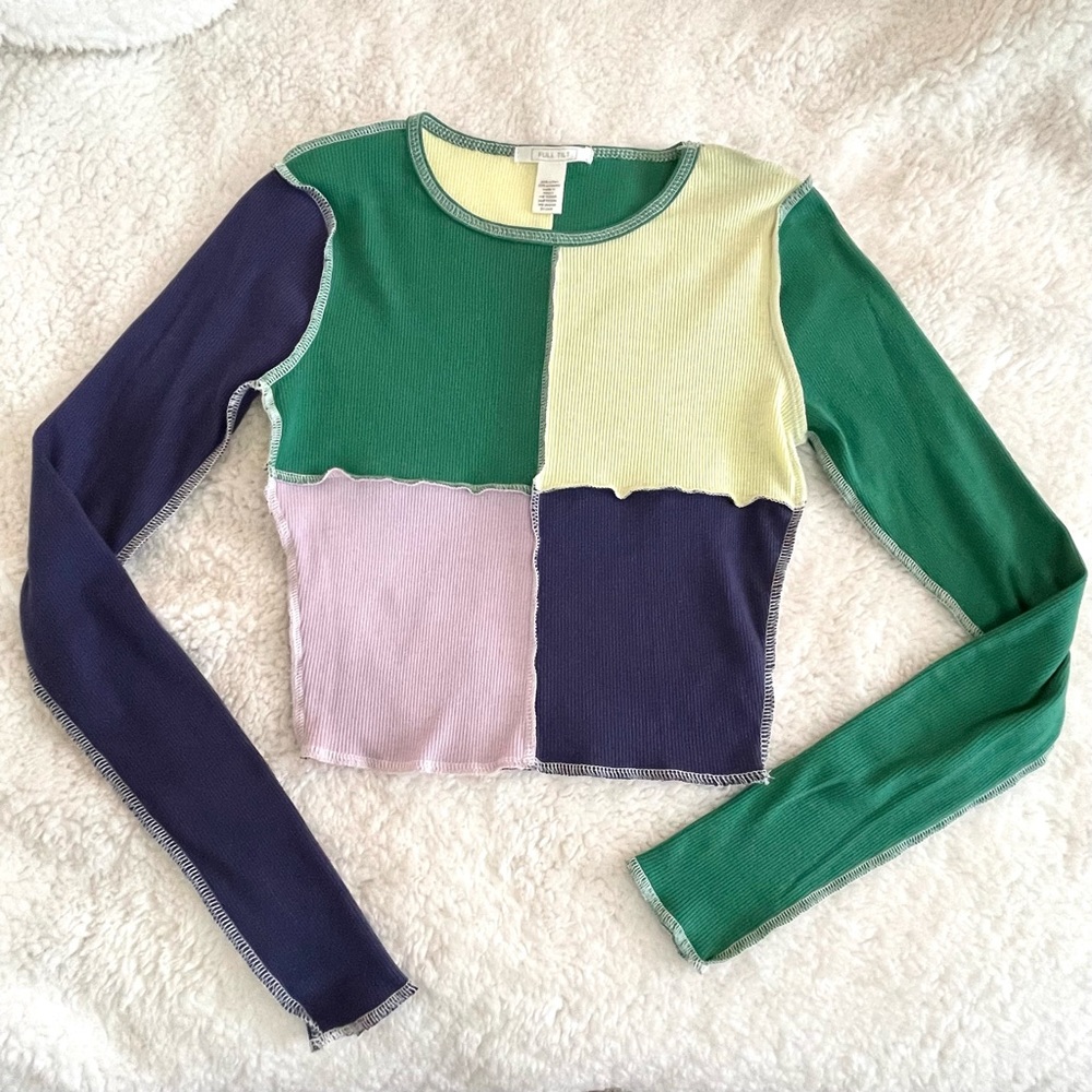 Tillys Full Tilt Green Purple Patchwork Long Sleeve Crop Top